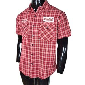 Vintage Coca-Cola Red Plaid Patches Embroidered Button-Down Men's Shirt Small